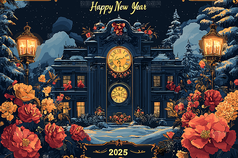 2025蛇年新年春节灯笼花卉花纹插画海报