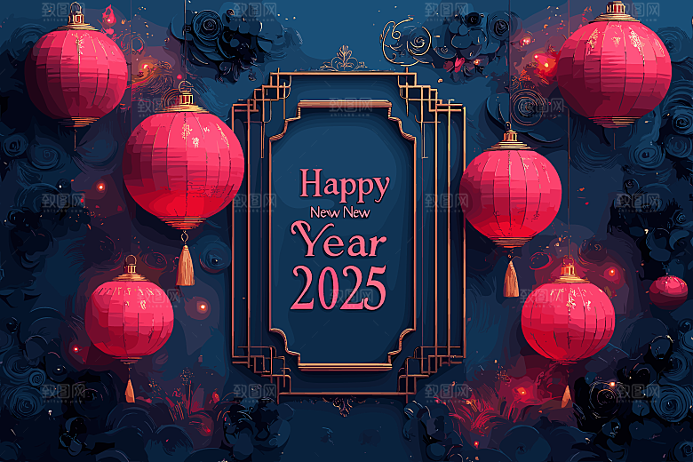 2025蛇年新年春节灯笼花卉花纹插画海报