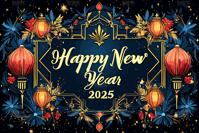 2025蛇年新年春节灯笼花卉花纹插画海报