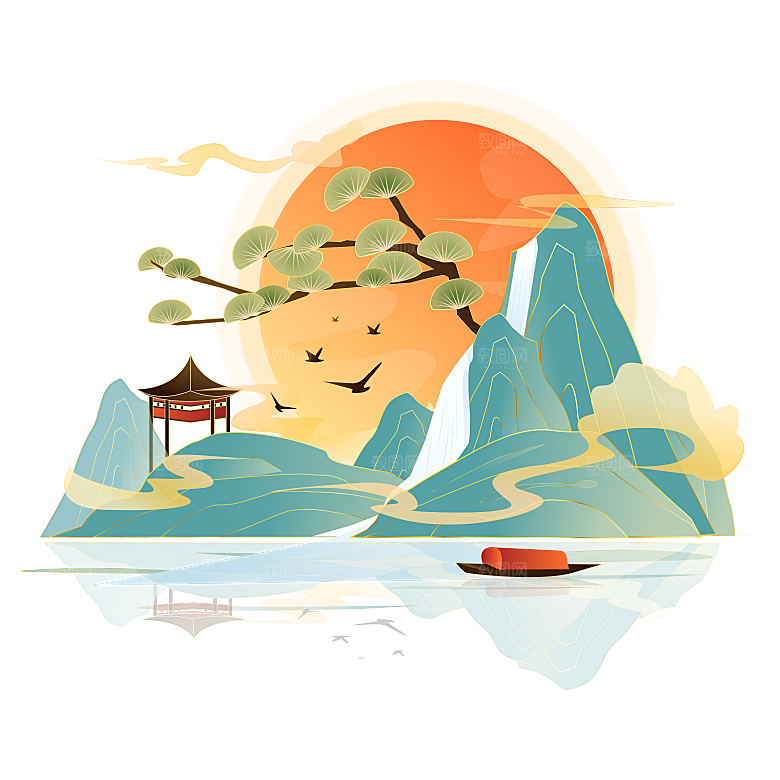 创意国潮风山水素材元素