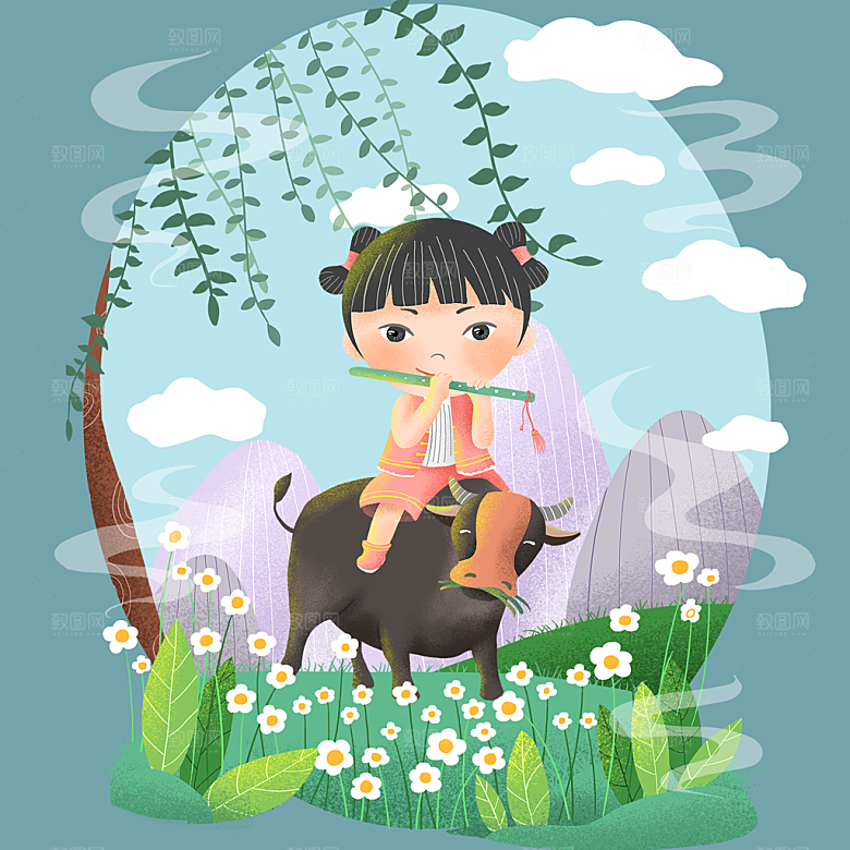 手绘中式清明节青团山水人物春天绿色元素