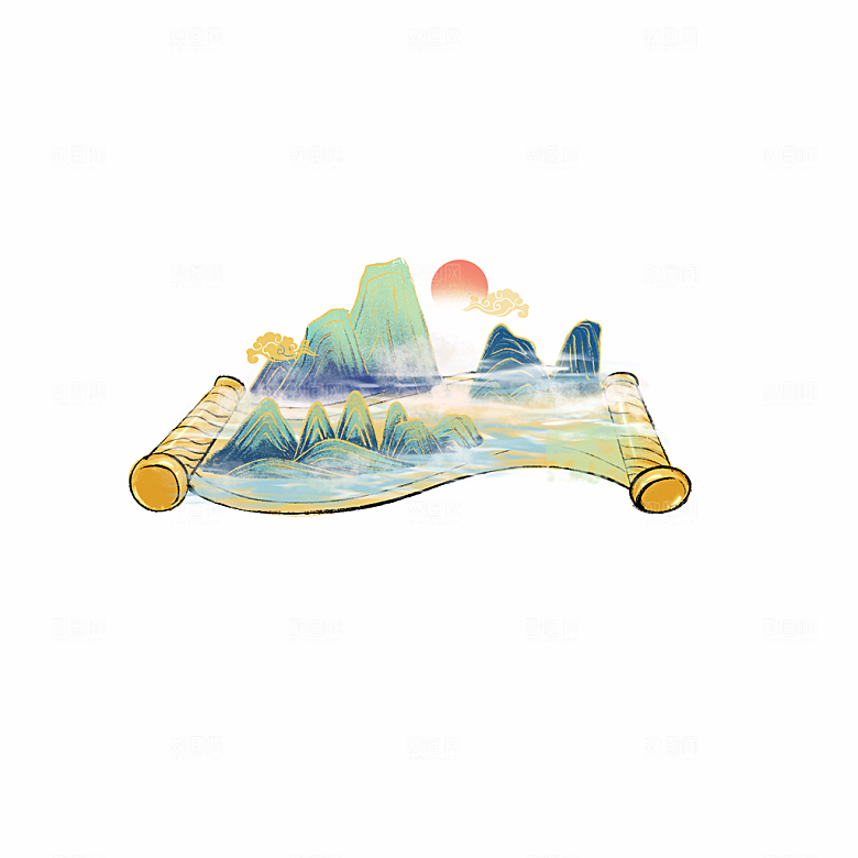 手绘中式清明节青团山水人物春天绿色元素