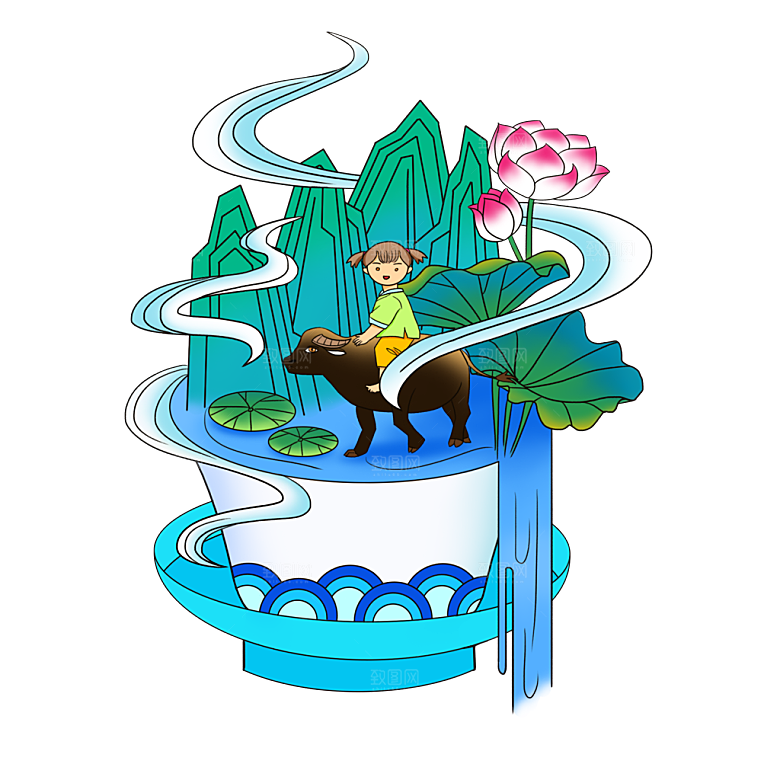 手绘中式清明节青团山水人物春天绿色元素