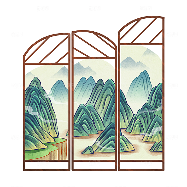 手绘中式清明节青团山水人物春天绿色元素
