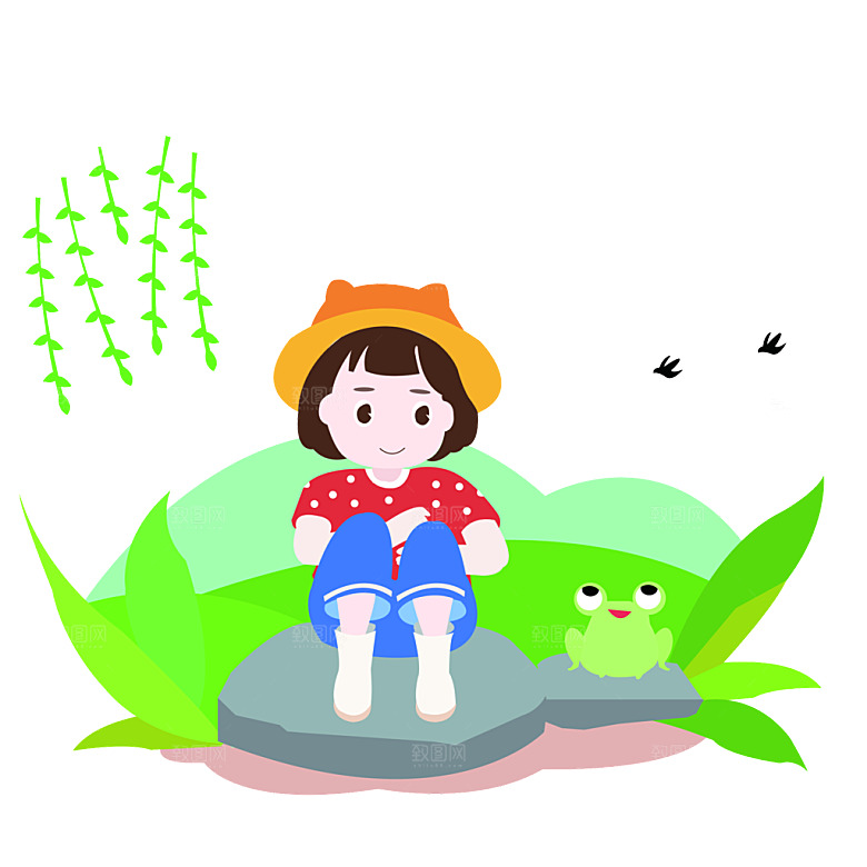 手绘中式清明节青团山水人物春天绿色元素