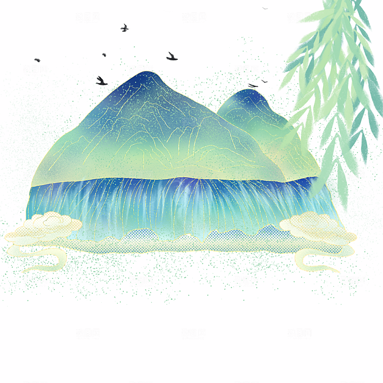 手绘中式清明节青团山水人物春天绿色元素