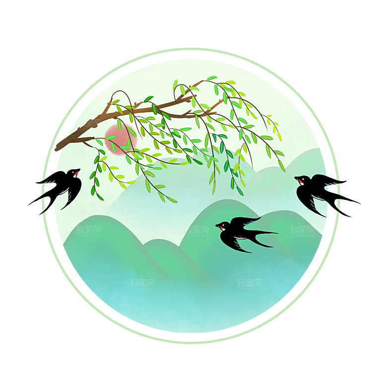 手绘中式清明节青团山水人物春天绿色元素