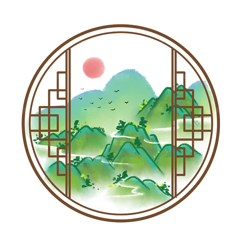 手绘中式清明节青团山水人物春天绿色元素