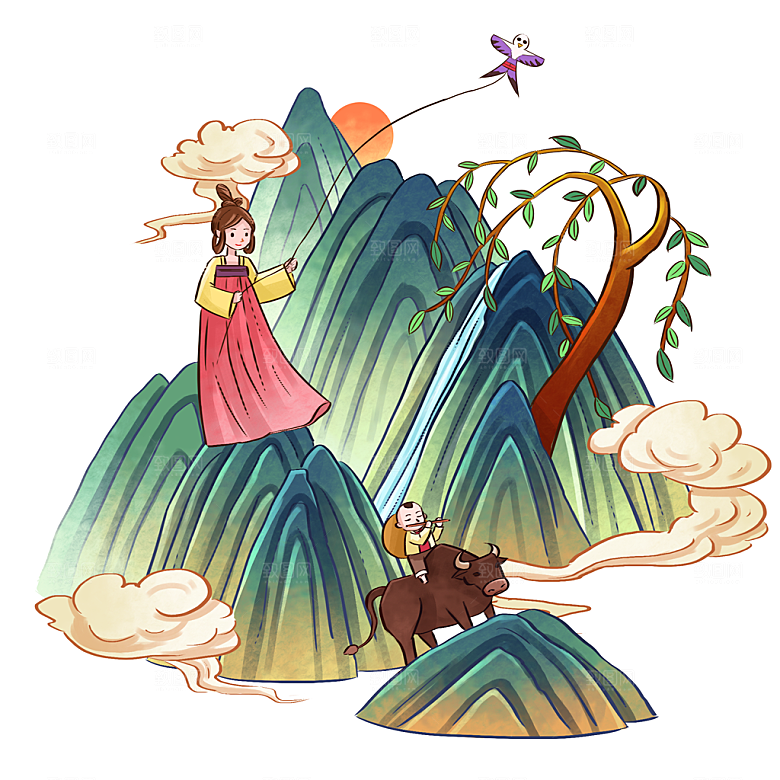 手绘中式清明节青团山水人物春天绿色元素