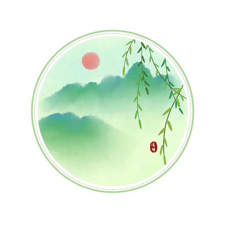 手绘中式清明节青团山水人物春天绿色元素