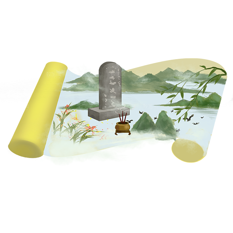 手绘中式清明节青团山水人物春天绿色元素