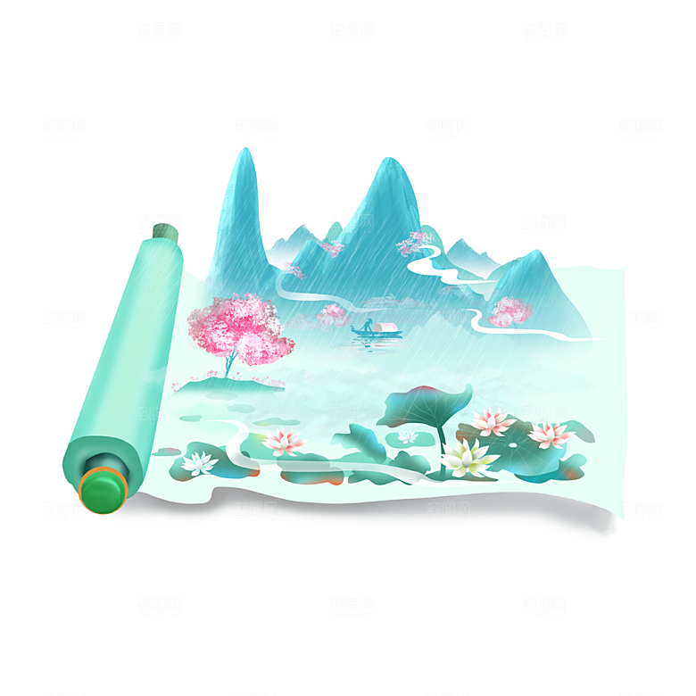 手绘中式清明节青团山水人物春天绿色元素