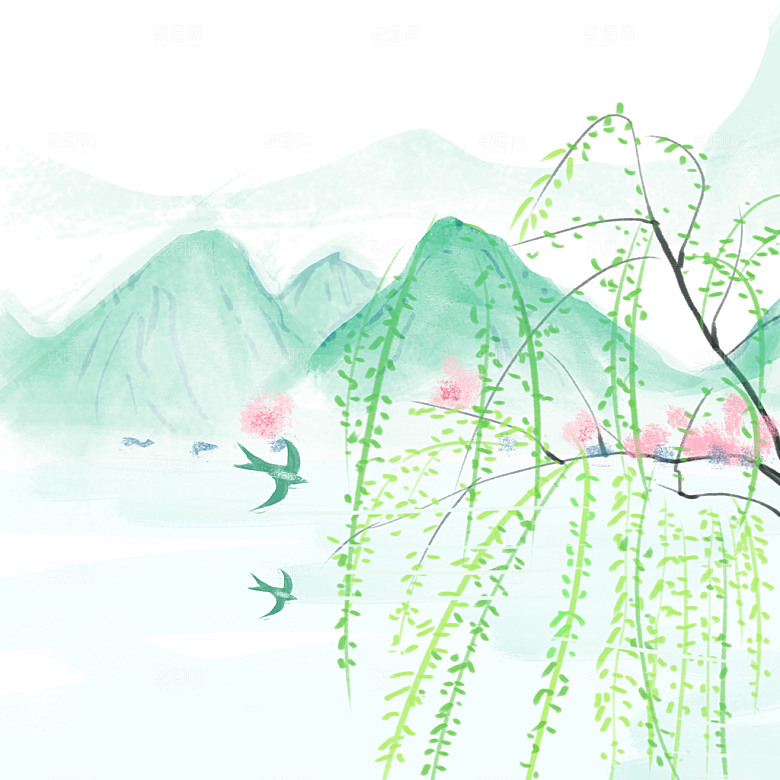 手绘中式清明节青团山水人物春天绿色元素