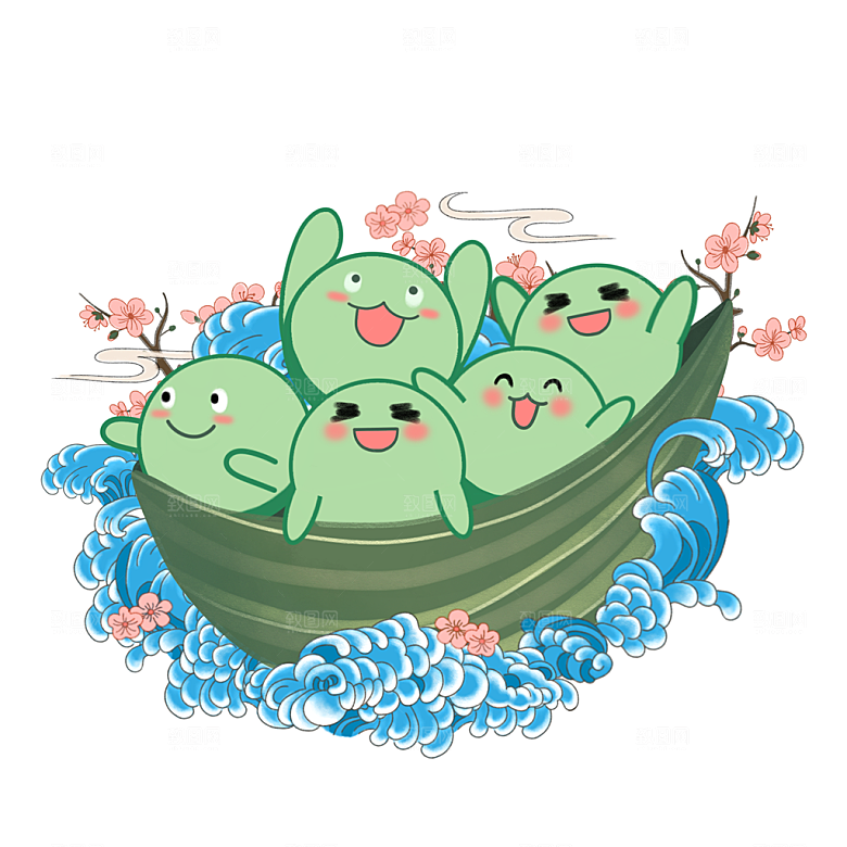 手绘中式清明节青团山水人物春天绿色元素