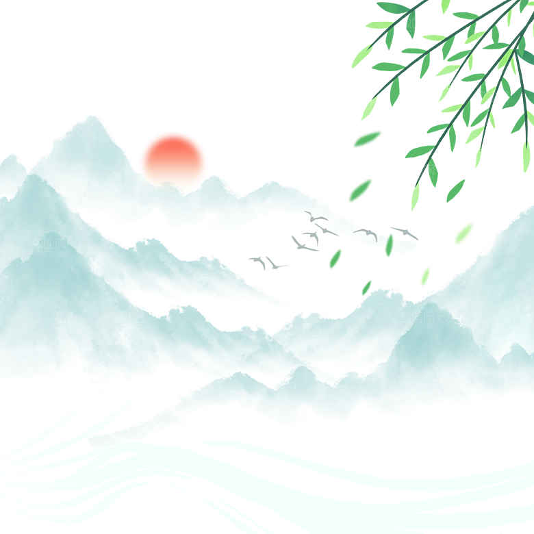 手绘中式清明节青团山水人物春天绿色元素