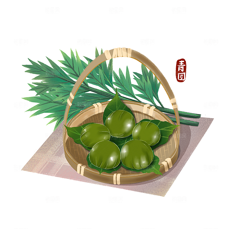 手绘中式清明节青团山水人物春天绿色元素