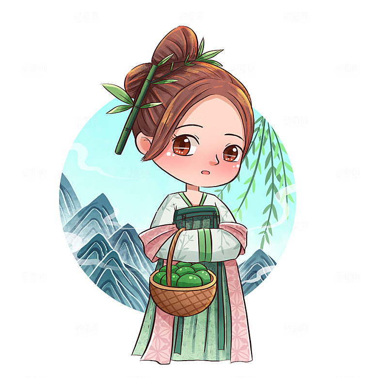 手绘中式清明节青团山水人物春天绿色元素
