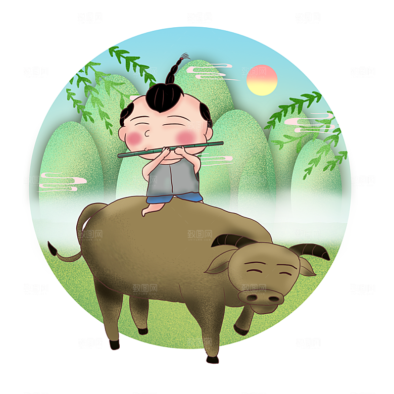 手绘中式清明节青团山水人物春天绿色元素