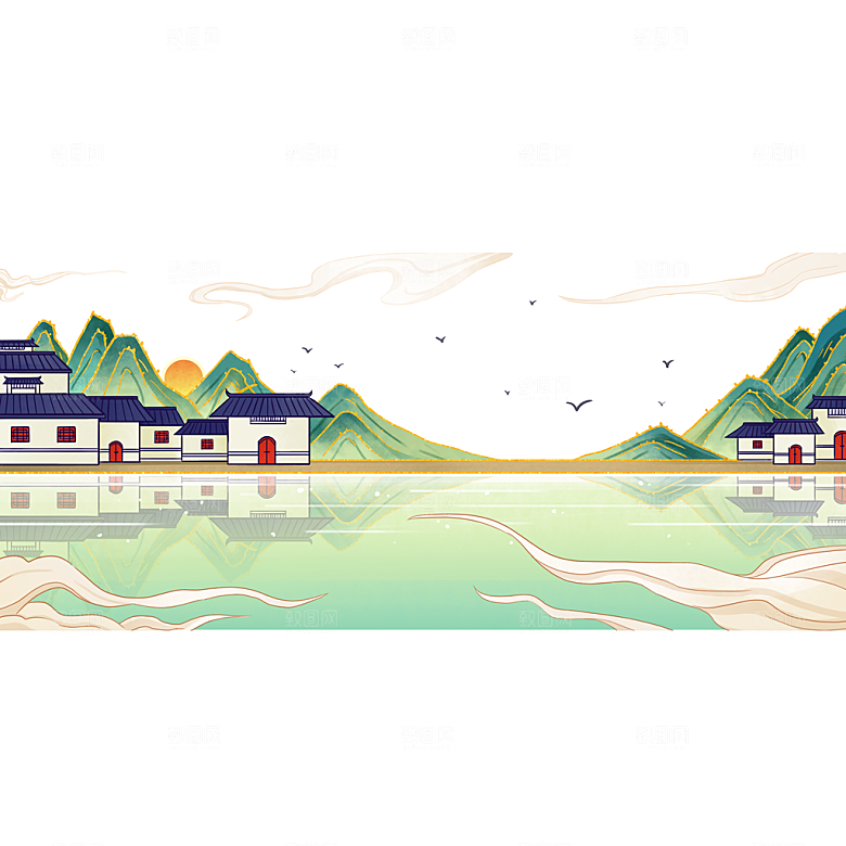 手绘中式清明节青团山水人物春天绿色元素