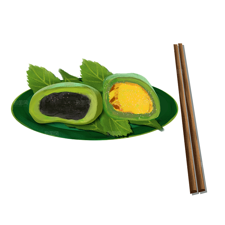 手绘中式清明节青团山水人物春天绿色元素