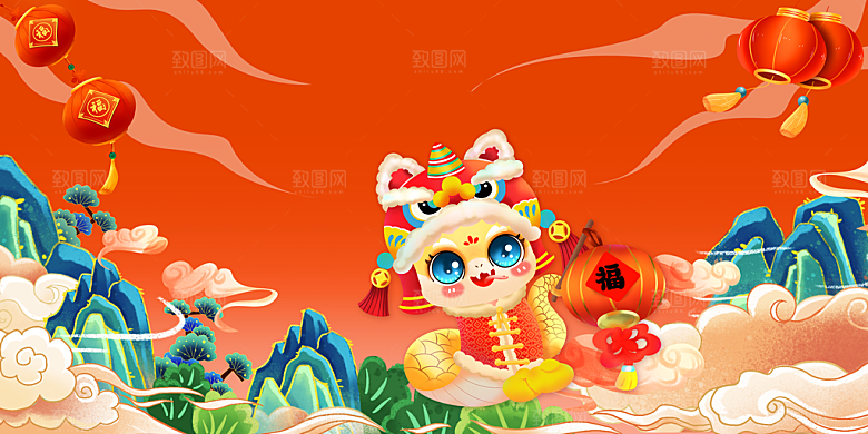 2025红色蛇年会议年会舞台展板背景