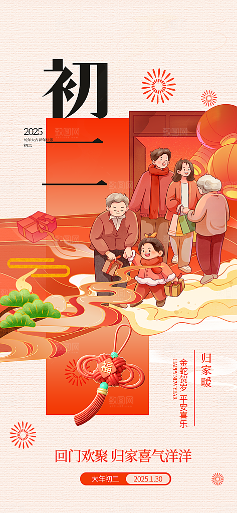 春节习俗拜年年俗喜庆节日PSD海报