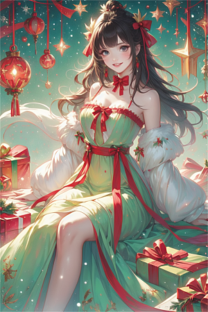 中国风美女数字艺术AI圣诞节壁纸