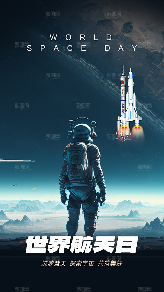 航天日宇航员飞船火箭世界航天日宣传海报
