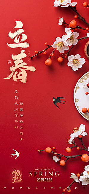 中国传统节气立春红色手机海报