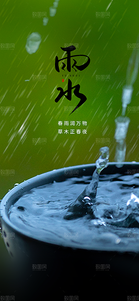 中国传统二十四节气雨水手机海报