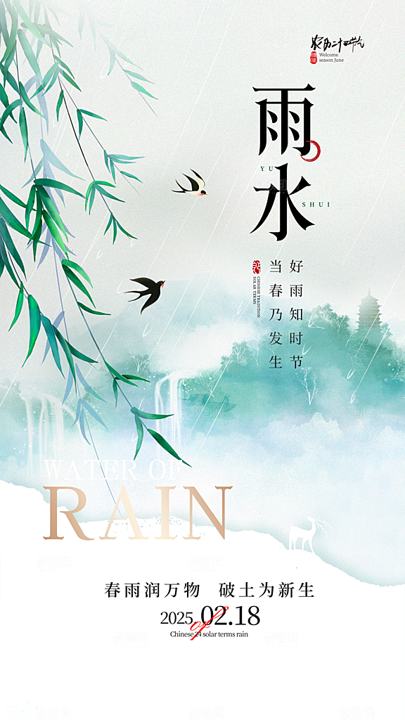 雨水二十四节气简约手机海报