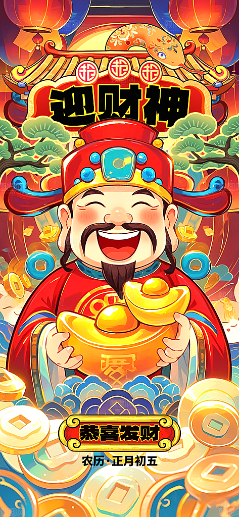 财神节招财进宝春节大年初五迎财神祝福海报