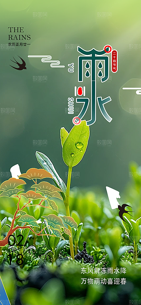 大气传统二十四节气雨水海报