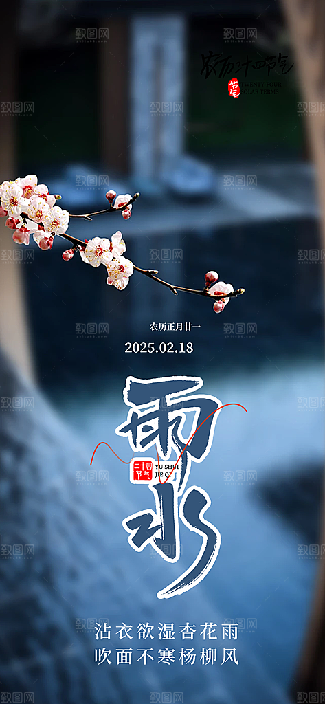 大气传统二十四节气雨水海报
