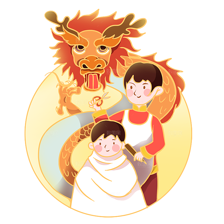 二月二龙抬头中国龙游戏舞龙理发插画元素