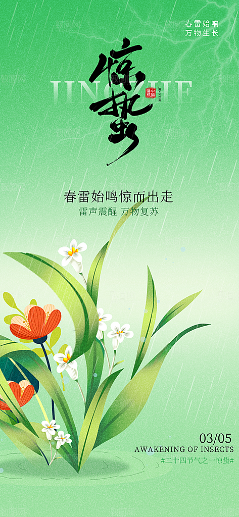 二十四节气惊蛰三月春天春季宣传海报