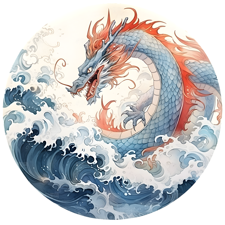 水彩国潮风龙中国青龙神兽龙抬头海浪元素