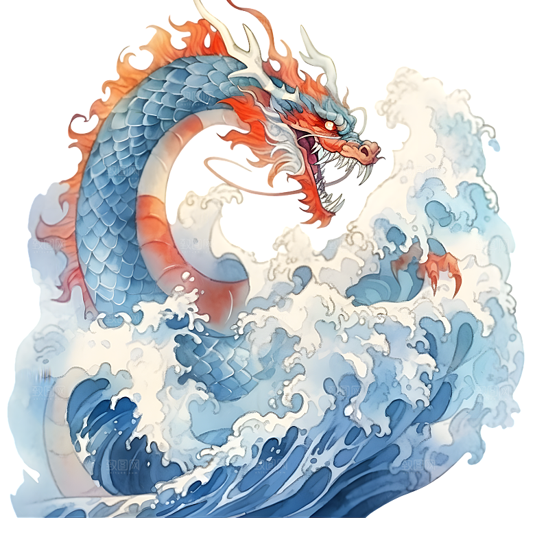水彩国潮风龙中国青龙神兽龙抬头海浪元素