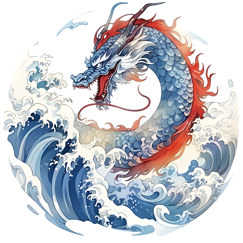水彩国潮风龙中国青龙神兽龙抬头海浪元素