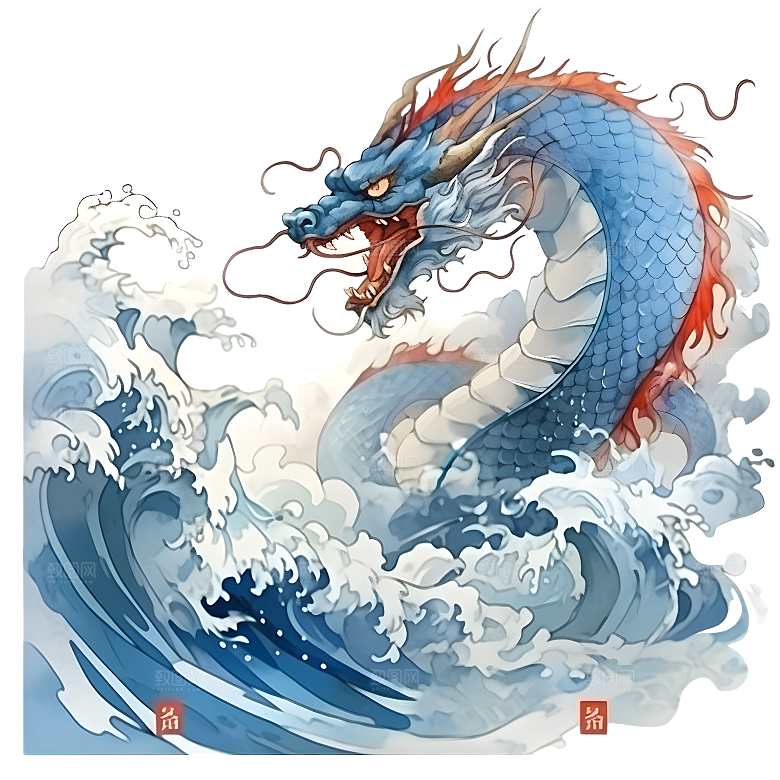 水彩国潮风龙中国青龙神兽龙抬头海浪元素