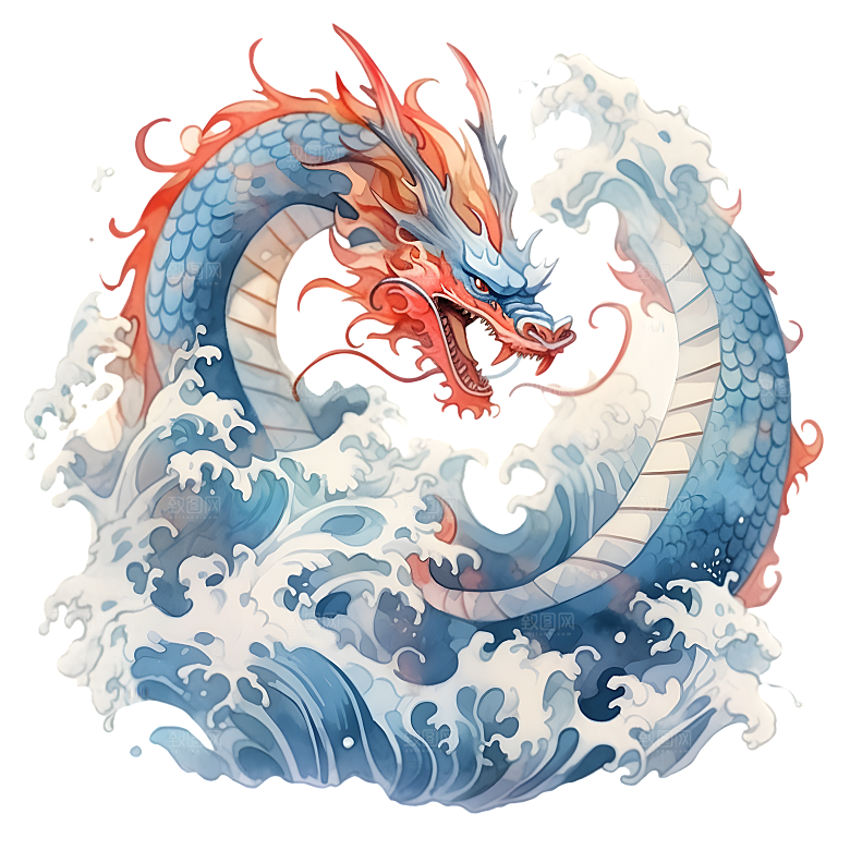 水彩国潮风龙中国青龙神兽龙抬头海浪元素