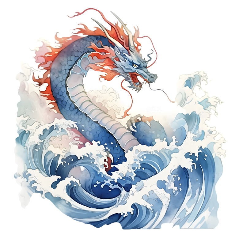 水彩国潮风龙中国青龙神兽龙抬头海浪元素