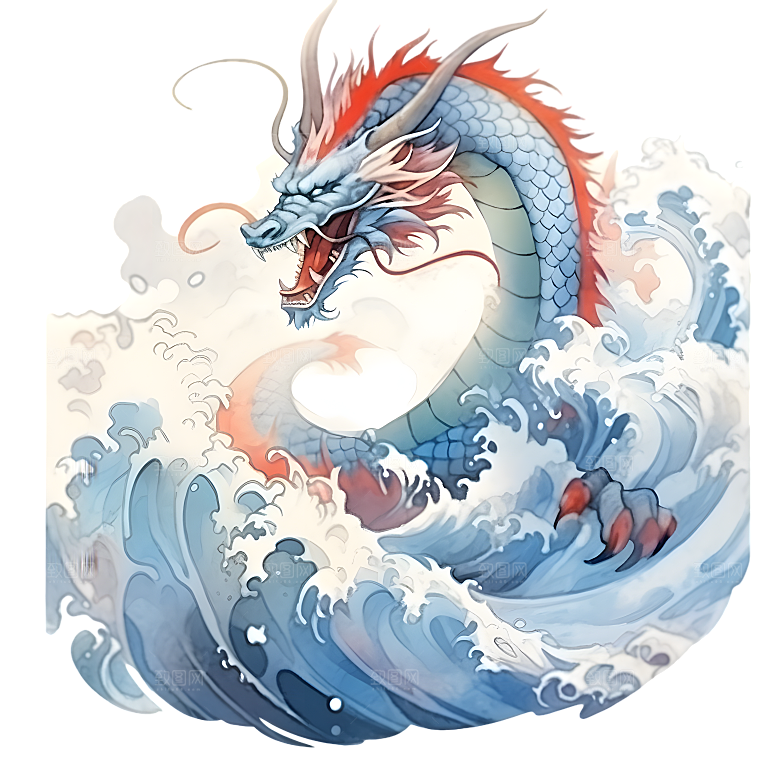 水彩国潮风龙中国青龙神兽龙抬头海浪元素