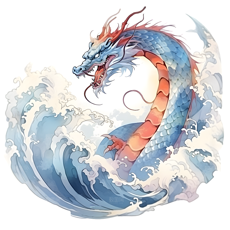 水彩国潮风龙中国青龙神兽龙抬头海浪元素