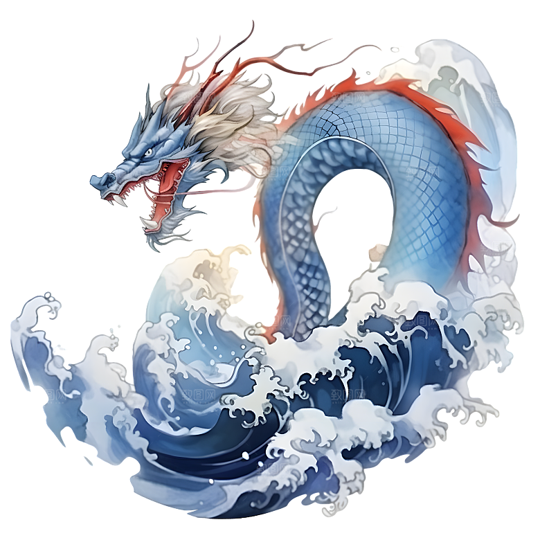 水彩国潮风龙中国青龙神兽龙抬头海浪元素