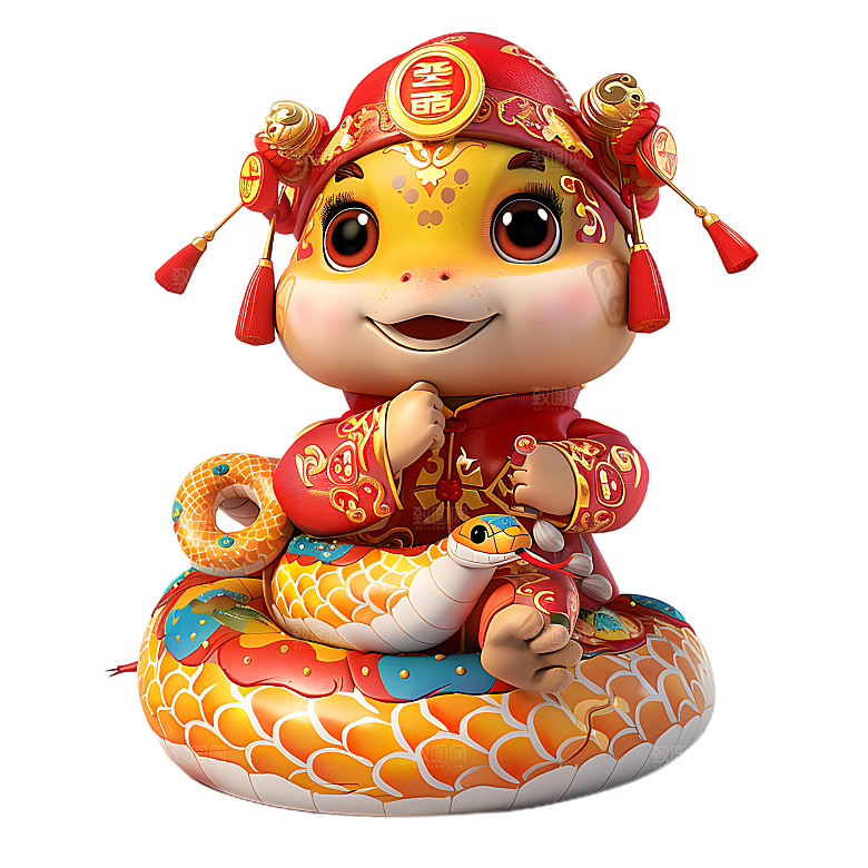 中国风国潮春节财神小蛇吉祥形象PNG元素