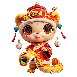 中国风国潮春节财神小蛇吉祥形象PNG元素