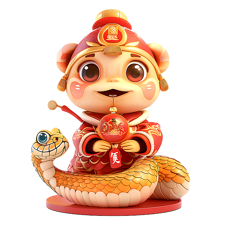 中国风国潮春节财神小蛇吉祥形象PNG元素