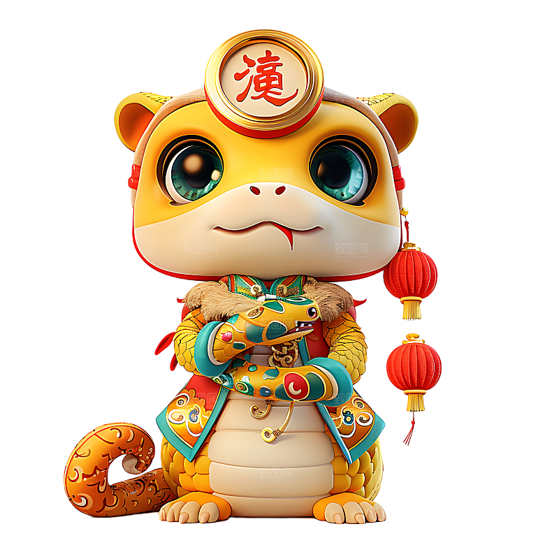 中国风国潮春节财神小蛇吉祥形象PNG元素