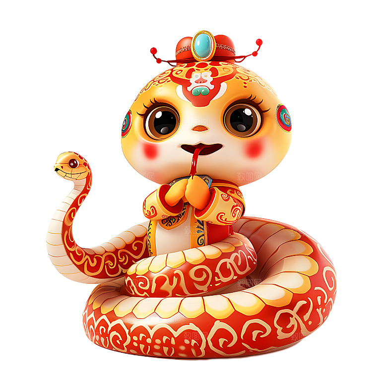 中国风国潮春节财神小蛇吉祥形象PNG元素